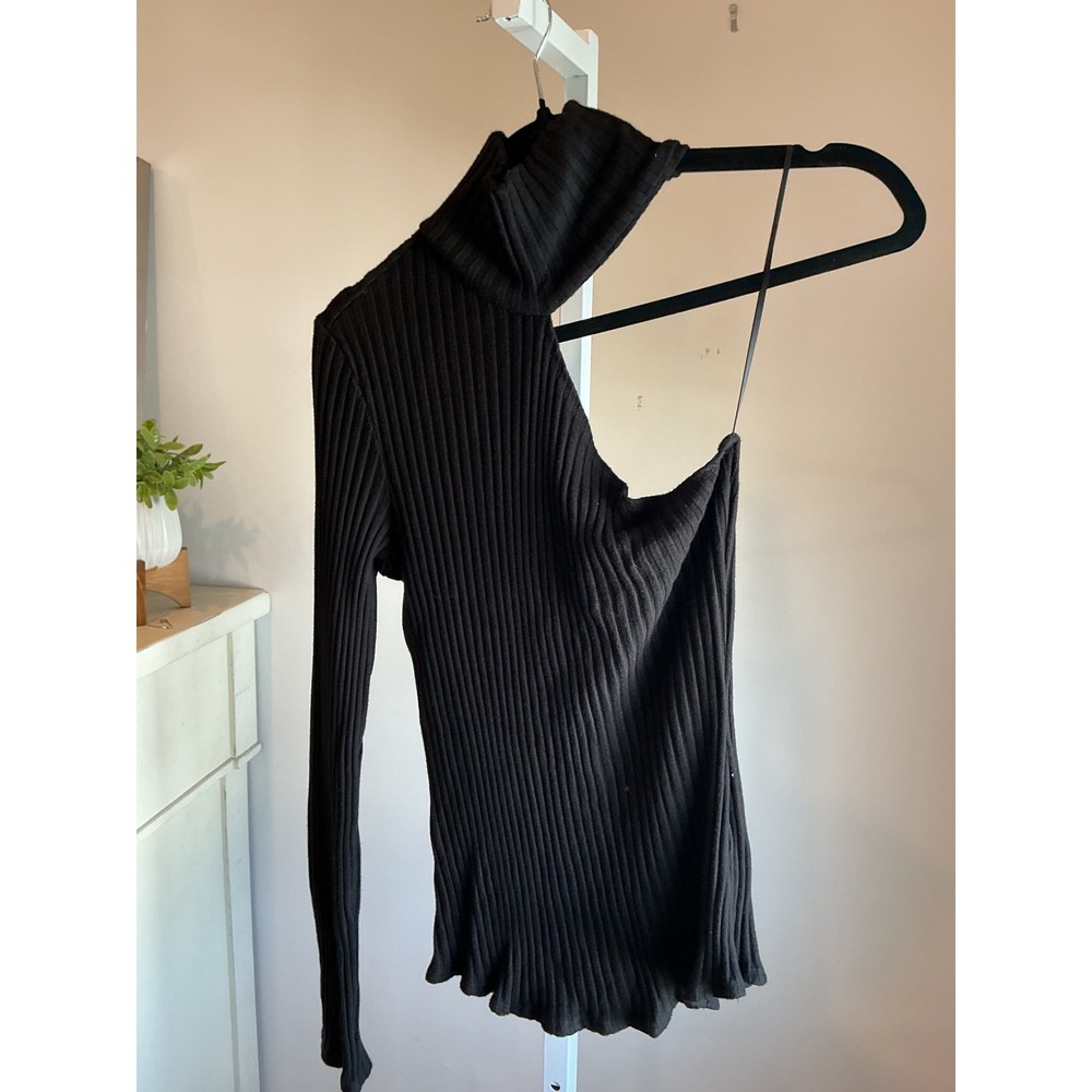 The Range Black One Shoulder Ribbed Turtleneck Top Long Sleeve TH4T04RY L
